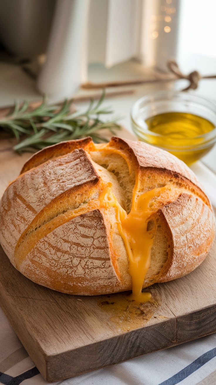 A golden crusty loaf of cheese bread with melted cheddar on a wooden board, surrounded by rosemary.